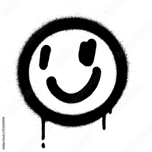 Graffiti style smiley face spray painted in black with dripping paint details on a clean white background.