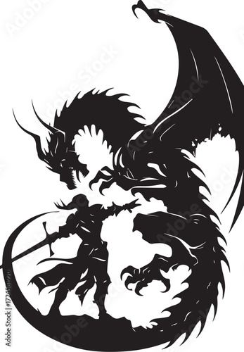 Epic Clash: A valiant knight engages in a dramatic showdown with a fearsome dragon, captured in striking silhouette