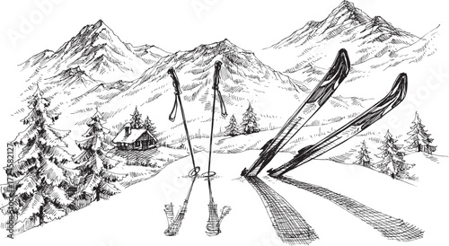 Mountains landscape with ski sketch vector 