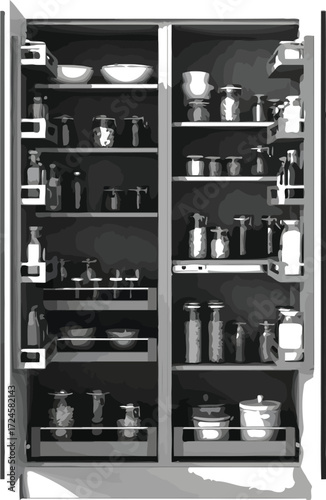 Open pantry cabinet with jars, containers, and bowls for food storage