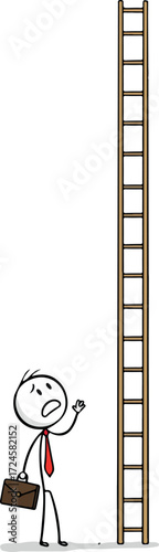 Businessman looking at a very tall ladder with a briefcase.