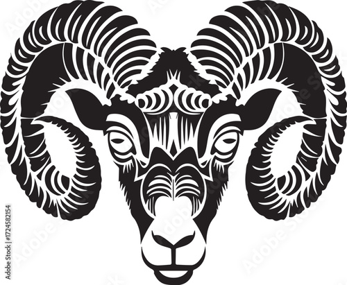 Majestic Ram Illustration: A detailed black and white illustration showcases a powerful ram, its formidable curved horns and stoic expression. The image conveys strength, authority.