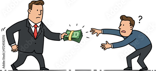 Businessman offering money to another person bribery concept.