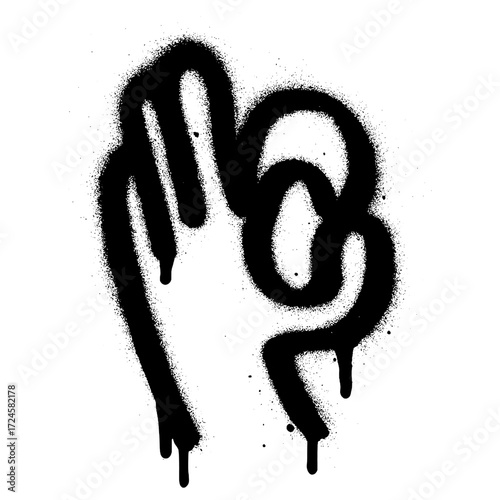 Minimalist black graffiti artwork of an OK hand gesture created with spray paint on a white background, featuring dripping paint and urban street art style.