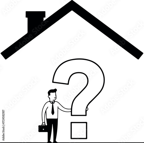 Businessman pondering real estate investment decisions under a house roof with question mark.