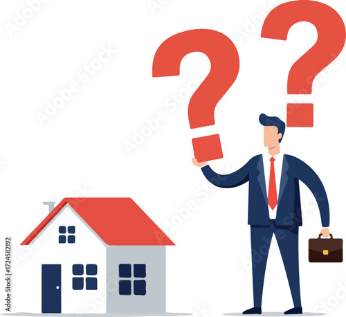 Businessman pondering real estate investment decisions with a house.