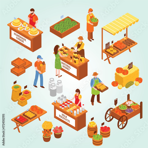 Isometric Detailed Farmers Market Fresh Produce and Local Products Illustration