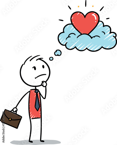 Businessman pondering love and emotions holding a briefcase thinking about heart.