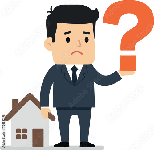 Businessman pondering real estate investment with a question mark.