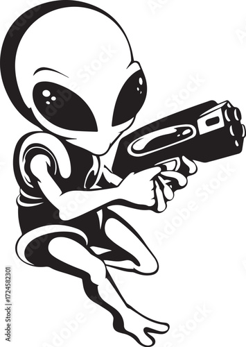 Alien Armed with weapon: A black-and-white illustration presents an extraterrestrial, complete with large eyes and slender limbs, brandishing a weapon with an air of futuristic resolve.
