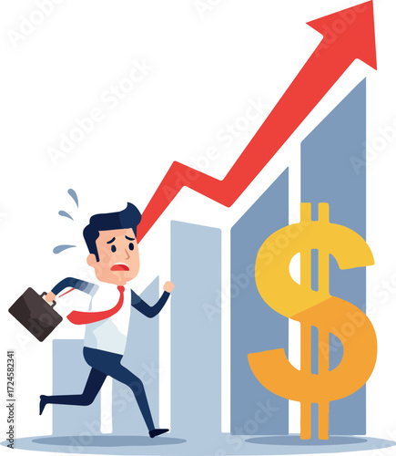 Businessman running towards financial success with rising graph.