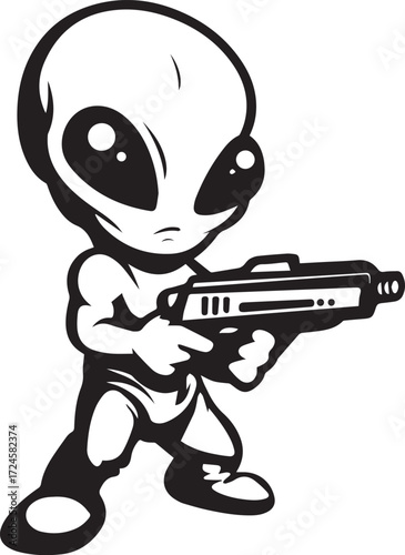 Alien with Ray Gun: A monochrome illustration depicts a determined extraterrestrial figure, holding a ray gun. It's a striking representation of an alien, in a sleek artistic style