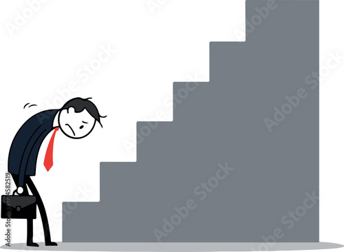 Businessman struggling to climb stairs representing career challenges and obstacles.
