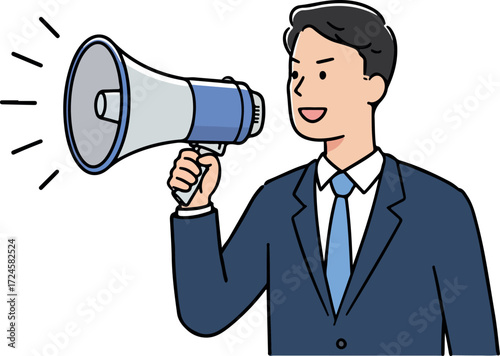 Businessman using megaphone to announce important information with confident expression.