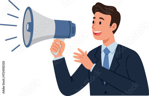 Businessman using a megaphone to announce something important with excitement.