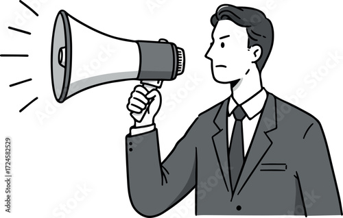 Businessman using megaphone to announce important information with serious expression.