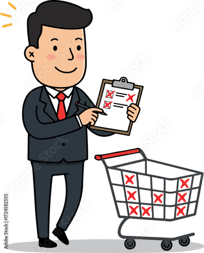 Businessman with a checklist and shopping cart ready to buy items.