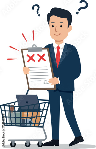 Businessman with a clipboard and shopping cart looking confused about something.