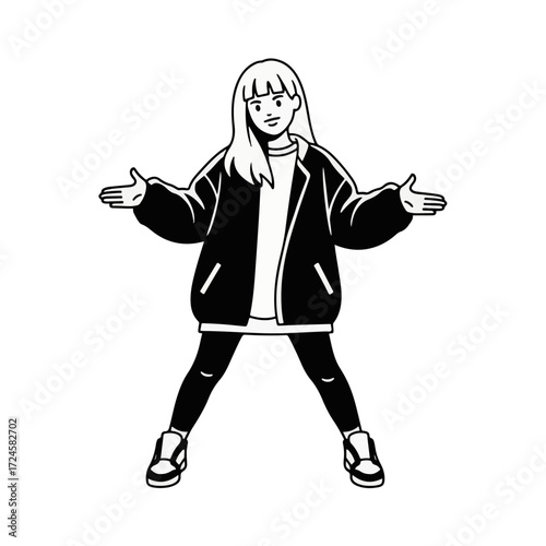2D flat vector illustration of a gilpy teenage girl in oversized jacket and sneakers, striking a hip hop pop dance pose with bent knees and open arms.