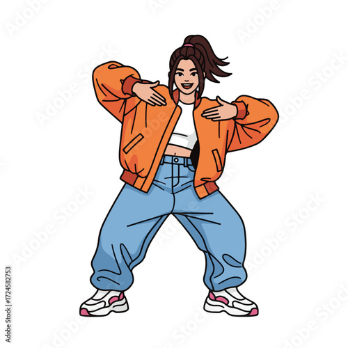 2D flat vector illustration of a gilpy teenage girl in oversized jacket and sneakers, striking a hip hop pop dance pose with bent knees and open arms.
