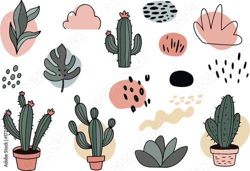 Cactus and plant illustrations with abstract shapes and designs.