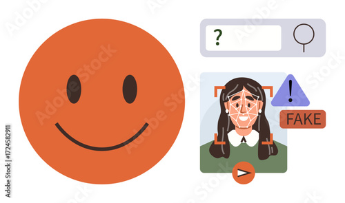 Large smiling emotion, facial identification scan on a profile, alert sign with fake tag, and search bar. Ideal for cybersecurity, identity, AI, technology, ethics social media misinformation