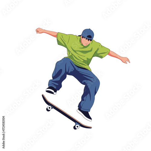 2D flat vector illustration of Gilpy Teen Skateboarding Street Trick