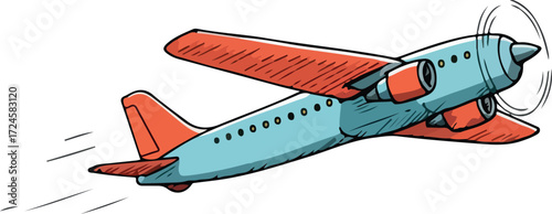 Cartoon airplane flying in the sky with red wings and blue body.