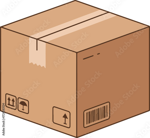 Cardboard box illustration with tape and shipping labels ready for delivery.