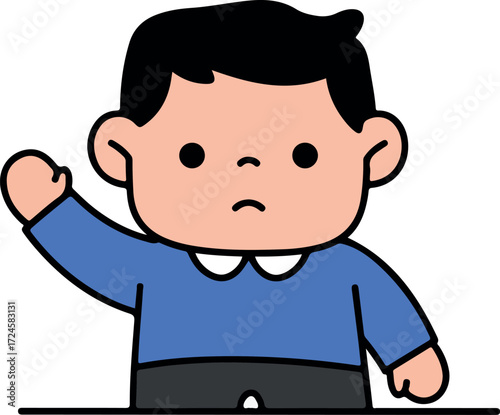 Cartoon boy raising hand with a serious expression on his face.