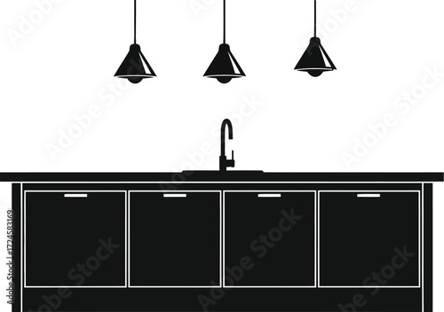Minimalist kitchen furniture with sink and lamps, interior design