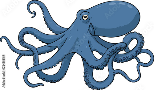 Cartoon octopus illustration with eight tentacles and a large head in blue color.