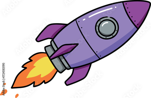 Cartoon rocket ship blasting off into space with fiery orange flames.