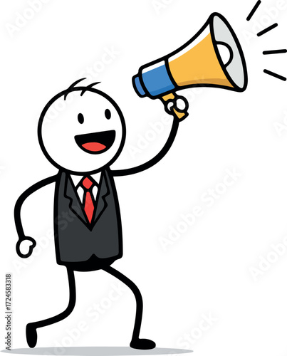 Cheerful stick figure businessman using a megaphone to announce something important.
