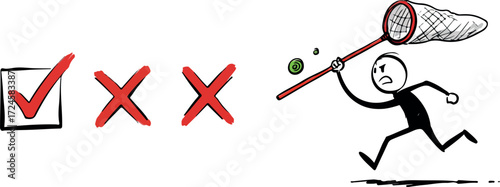 Checkmark and Crosses with a Person Chasing a Green Dot.