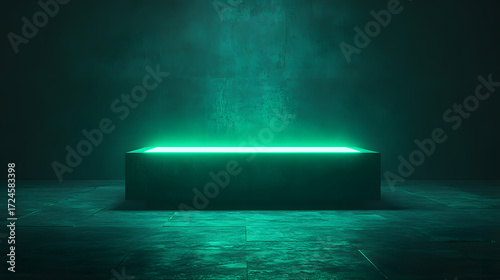 Futuristic minimal scene glowing green hydrogen neon platform sci fi dark Futuristic minimal scene with glowing green platform and neon light, hydrogen energy vibe dark concrete room