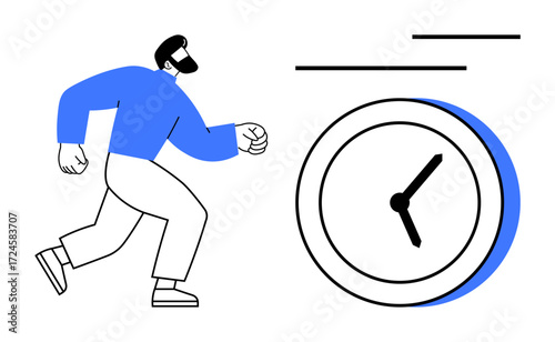 Man in motion running toward a clock with abstract motion lines, symbolizing urgency, deadlines, and speed. Ideal for time management, productivity, goals, hustle, efficiency planning and focus