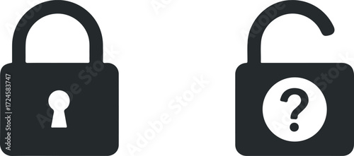 Closed and open padlock with question mark security concept.
