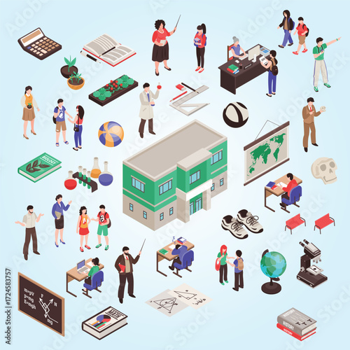 Isometric Detailed Education Scene with Students and Various School Objects
