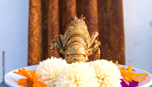 Cooked lobster on a plate with flowers