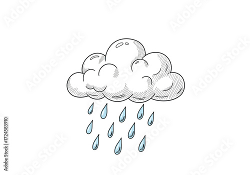 A whimsical sketch of a fluffy cloud releasing gentle raindrops onto a blank background.