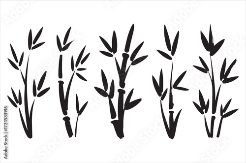 Bamboo silhouettes vector illustration, traditional Asian plant design, black bamboo stalks and leaves, natural tropical element, decorative eco friendly bamboo bundle icons on white background