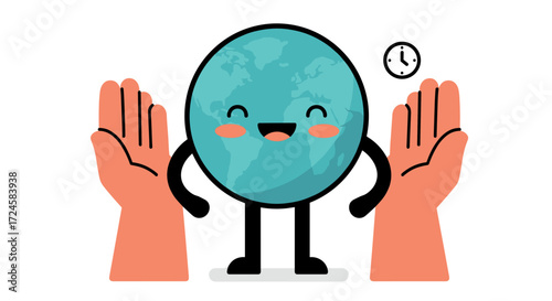 Earth cartoon with hands and clock