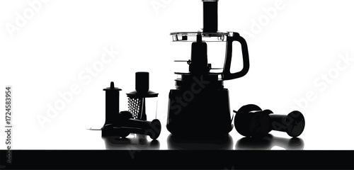 Dark food processor with attachments for chopping, slicing, and grinding