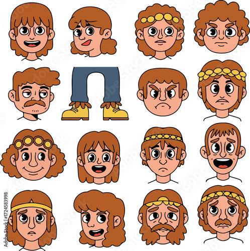 Collection of cartoon faces with various expressions and hairstyles for design 1.