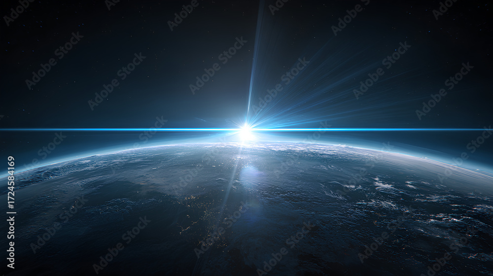 Obraz premium Blue light flare - flash light streak ray - large light flare behind the planet Stock Illustration