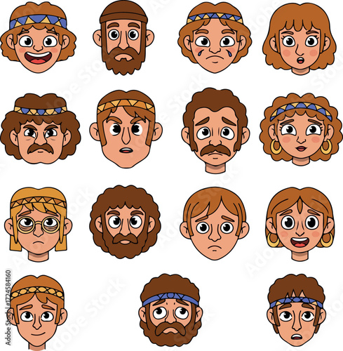 Collection of diverse cartoon faces with various expressions and hairstyles.