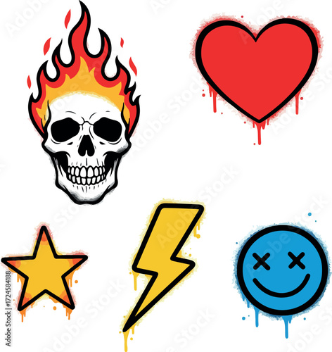 Collection of graffiti art symbols including skull heart star lightning bolt and smiley face.