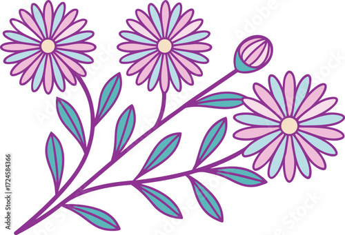 New England Aster Flower Illustration. Colorful New England Aster Botanical Design. Elegant New England Aster Floral Artwork. Isolated New England Aster Bloom Illustration. Decorative New England