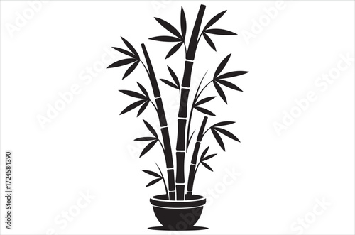 Bamboo silhouettes vector illustration, traditional Asian plant design, black bamboo stalks and leaves, natural tropical element, decorative eco friendly bamboo bundle icons on white background